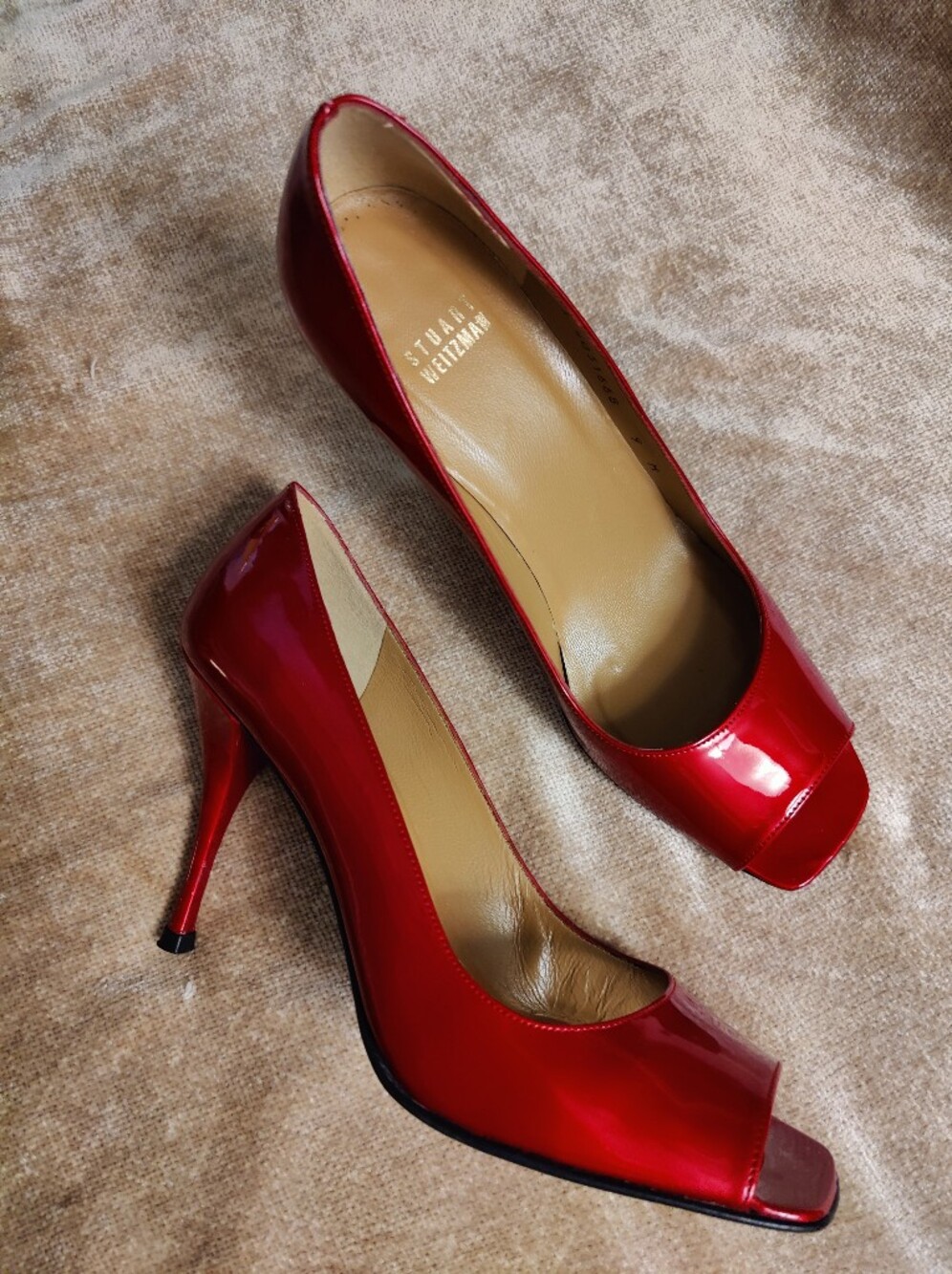 Stuart Weitzman Red Patent Peep-Toe Heels, Size 9 - Picture 14 of 14